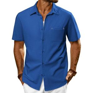 imagePJ PAUL JONES Mens Casual Button Down Shirts Short Sleeve Cotton Summer Beach Shirt with PocketsIndigo