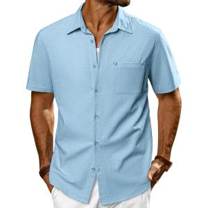 imagePJ PAUL JONES Mens Casual Button Down Shirts Short Sleeve Cotton Summer Beach Shirt with PocketsLight Blue