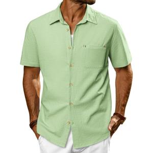 imagePJ PAUL JONES Mens Casual Button Down Shirts Short Sleeve Cotton Summer Beach Shirt with PocketsLight Green