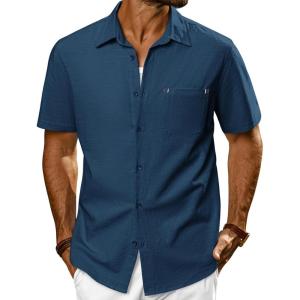 imagePJ PAUL JONES Mens Casual Button Down Shirts Short Sleeve Cotton Summer Beach Shirt with PocketsNavy Blue