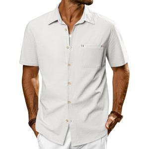 imagePJ PAUL JONES Mens Casual Button Down Shirts Short Sleeve Cotton Summer Beach Shirt with PocketsWhite