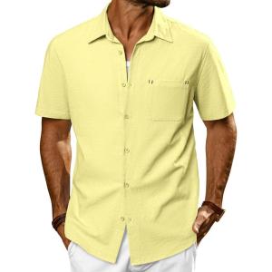 imagePJ PAUL JONES Mens Casual Button Down Shirts Short Sleeve Cotton Summer Beach Shirt with PocketsYellow