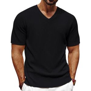 imagePJ PAUL JONES Mens TShirts Modern Fit V Neck Knit Shirts Textured Herringbone KnitwearBlack