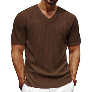 imagePJ PAUL JONES Mens TShirts Modern Fit V Neck Knit Shirts Textured Herringbone KnitwearCoffee