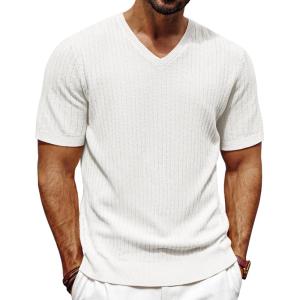 imagePJ PAUL JONES Mens TShirts Modern Fit V Neck Knit Shirts Textured Herringbone KnitwearLvory