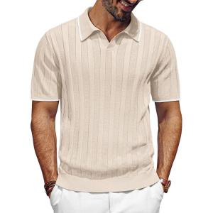 imagePJ PAUL JONES Mens V Neck Polo Shirt Textured Knit Slim Fit Golf TShirtsApricot
