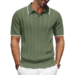 imagePJ PAUL JONES Mens V Neck Polo Shirt Textured Knit Slim Fit Golf TShirtsArmy Green