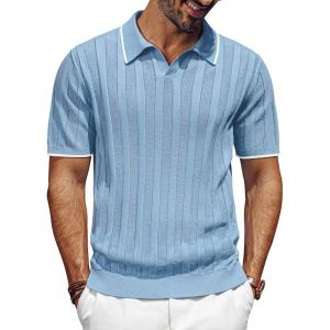 imagePJ PAUL JONES Mens V Neck Polo Shirt Textured Knit Slim Fit Golf TShirtsBlue Grey