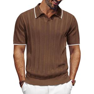 imagePJ PAUL JONES Mens V Neck Polo Shirt Textured Knit Slim Fit Golf TShirtsCoffee