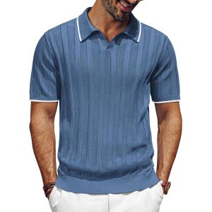 imagePJ PAUL JONES Mens V Neck Polo Shirt Textured Knit Slim Fit Golf TShirtsIndigo
