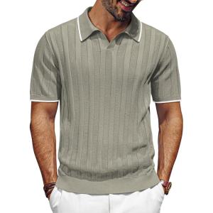 imagePJ PAUL JONES Mens V Neck Polo Shirt Textured Knit Slim Fit Golf TShirtsKhaki
