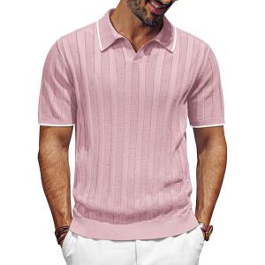 imagePJ PAUL JONES Mens V Neck Polo Shirt Textured Knit Slim Fit Golf TShirtsLeather Pink