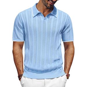 imagePJ PAUL JONES Mens V Neck Polo Shirt Textured Knit Slim Fit Golf TShirtsLight Blue