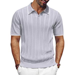 imagePJ PAUL JONES Mens V Neck Polo Shirt Textured Knit Slim Fit Golf TShirtsLight Grey