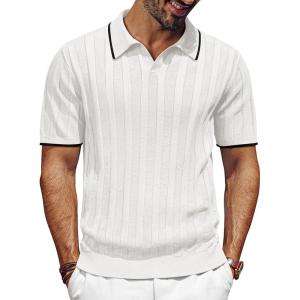 imagePJ PAUL JONES Mens V Neck Polo Shirt Textured Knit Slim Fit Golf TShirtsLvory