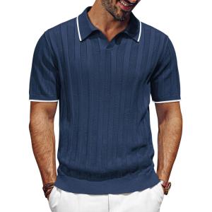 imagePJ PAUL JONES Mens V Neck Polo Shirt Textured Knit Slim Fit Golf TShirtsNavy Blue