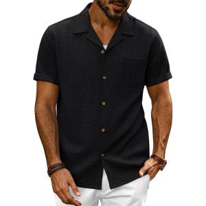 imagePJ PAUL JONES Mens Casual Button Down Shirt Short Sleeve Cuban Beach Shirt WrinkleFree Summer Shirts with PocketBlack