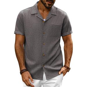 imagePJ PAUL JONES Mens Casual Button Down Shirt Short Sleeve Cuban Beach Shirt WrinkleFree Summer Shirts with PocketDark Gray