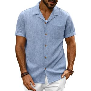 imagePJ PAUL JONES Mens Casual Button Down Shirt Short Sleeve Cuban Beach Shirt WrinkleFree Summer Shirts with PocketGray Blue