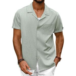 imagePJ PAUL JONES Mens Casual Button Down Shirt Short Sleeve Cuban Beach Shirt WrinkleFree Summer Shirts with PocketGray Green