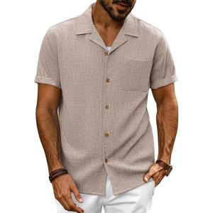 imagePJ PAUL JONES Mens Casual Button Down Shirt Short Sleeve Cuban Beach Shirt WrinkleFree Summer Shirts with PocketKhaki
