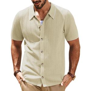 imagePJ PAUL JONES Mens Knit Polo Shirt Short Sleeve Button Down Shirt Vintage Summer Beach ShirtsApricot