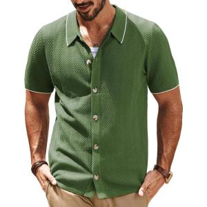 imagePJ PAUL JONES Mens Knit Polo Shirt Short Sleeve Button Down Shirt Vintage Summer Beach ShirtsArmy Green