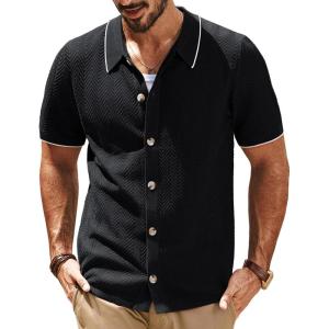 imagePJ PAUL JONES Mens Knit Polo Shirt Short Sleeve Button Down Shirt Vintage Summer Beach ShirtsBlack