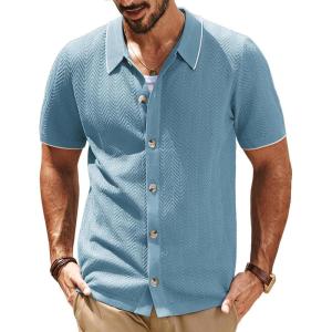 imagePJ PAUL JONES Mens Knit Polo Shirt Short Sleeve Button Down Shirt Vintage Summer Beach ShirtsBlue