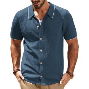 imagePJ PAUL JONES Mens Knit Polo Shirt Short Sleeve Button Down Shirt Vintage Summer Beach ShirtsBlue Grey