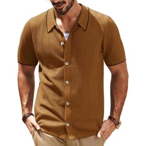 imagePJ PAUL JONES Mens Knit Polo Shirt Short Sleeve Button Down Shirt Vintage Summer Beach ShirtsBrown