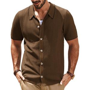 imagePJ PAUL JONES Mens Knit Polo Shirt Short Sleeve Button Down Shirt Vintage Summer Beach ShirtsCoffee