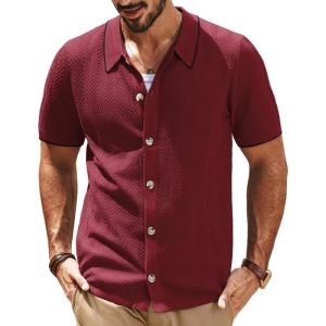 imagePJ PAUL JONES Mens Knit Polo Shirt Short Sleeve Button Down Shirt Vintage Summer Beach ShirtsDark Red
