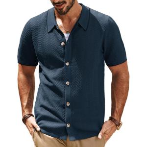 imagePJ PAUL JONES Mens Knit Polo Shirt Short Sleeve Button Down Shirt Vintage Summer Beach ShirtsNavy Blue