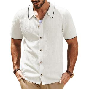 imagePJ PAUL JONES Mens Knit Polo Shirt Short Sleeve Button Down Shirt Vintage Summer Beach ShirtsWhite
