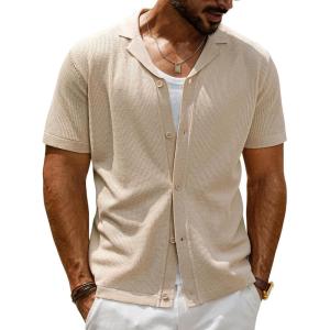 imagePJ PAUL JONES Mens Summer Knit Shirts Casual Short Sleeve Shirts Fashion Button Down ShirtsApricot
