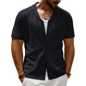imagePJ PAUL JONES Mens Summer Knit Shirts Casual Short Sleeve Shirts Fashion Button Down ShirtsBlack