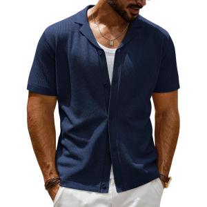 imagePJ PAUL JONES Mens Summer Knit Shirts Casual Short Sleeve Shirts Fashion Button Down ShirtsBlue