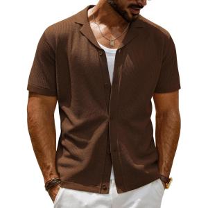 imagePJ PAUL JONES Mens Summer Knit Shirts Casual Short Sleeve Shirts Fashion Button Down ShirtsCoffee