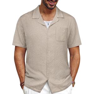 imagePJ PAUL JONES Men Casual Shirt Short Sleeve Summer Shirt Fashion Texture Button Down ShirtAprickhaki