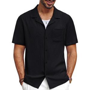 imagePJ PAUL JONES Men Casual Shirt Short Sleeve Summer Shirt Fashion Texture Button Down ShirtBlack