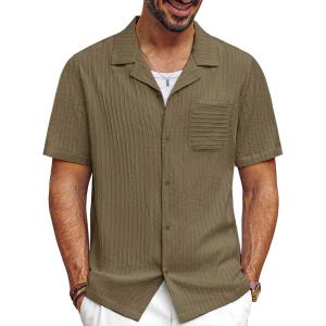 imagePJ PAUL JONES Men Casual Shirt Short Sleeve Summer Shirt Fashion Texture Button Down ShirtCoffee