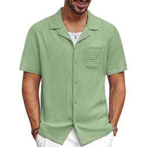 imagePJ PAUL JONES Men Casual Shirt Short Sleeve Summer Shirt Fashion Texture Button Down ShirtGreen