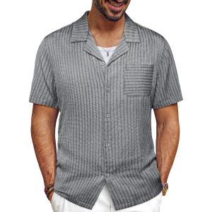 imagePJ PAUL JONES Men Casual Shirt Short Sleeve Summer Shirt Fashion Texture Button Down ShirtGrey