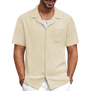 imagePJ PAUL JONES Men Casual Shirt Short Sleeve Summer Shirt Fashion Texture Button Down ShirtKhapricot