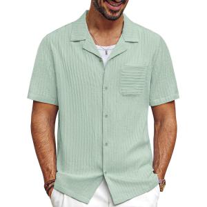 imagePJ PAUL JONES Men Casual Shirt Short Sleeve Summer Shirt Fashion Texture Button Down ShirtLight Green