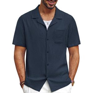 imagePJ PAUL JONES Men Casual Shirt Short Sleeve Summer Shirt Fashion Texture Button Down ShirtNavy Blue