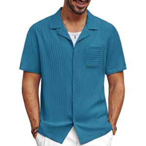 imagePJ PAUL JONES Men Casual Shirt Short Sleeve Summer Shirt Fashion Texture Button Down ShirtPeacock Blue