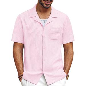 imagePJ PAUL JONES Men Casual Shirt Short Sleeve Summer Shirt Fashion Texture Button Down ShirtPink