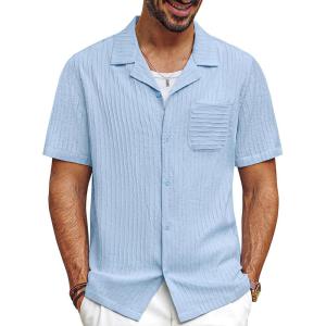imagePJ PAUL JONES Men Casual Shirt Short Sleeve Summer Shirt Fashion Texture Button Down ShirtSky Blue